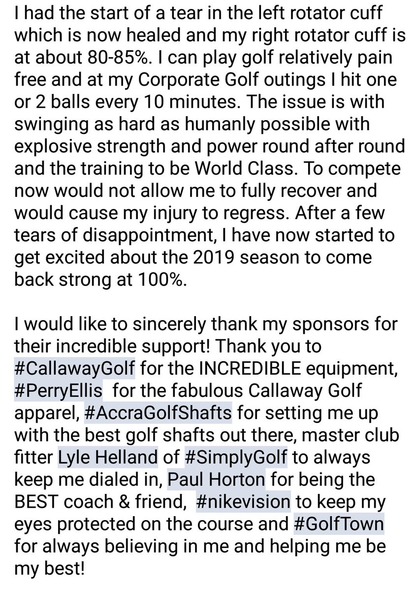 LisaLongball's tweet photo. I'm very sad to announce I will not be competing in Long Drive the remainder of the 2018 season. Please read my note below😢

HUGE ThankU to my sponsors &amp;team: #CallawayGolf @PEICorp  @ACCRAGolfShafts @nikevision  @AB_LaserRehab  @DrRyanE #livactiv @SimplyGolfTech @PaulHortonGolf https://t.co/mHXNsIdHd7