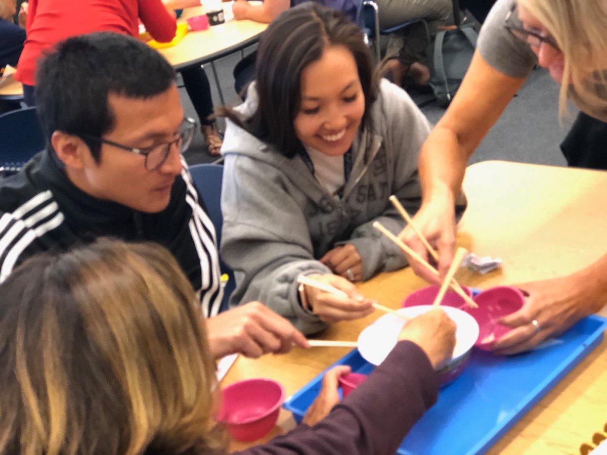 karmstrongPBL's tweet image. Team building to start our work together this year ⁦@KSmithSchool⁩ #minutetowinit #chopstickchallenge