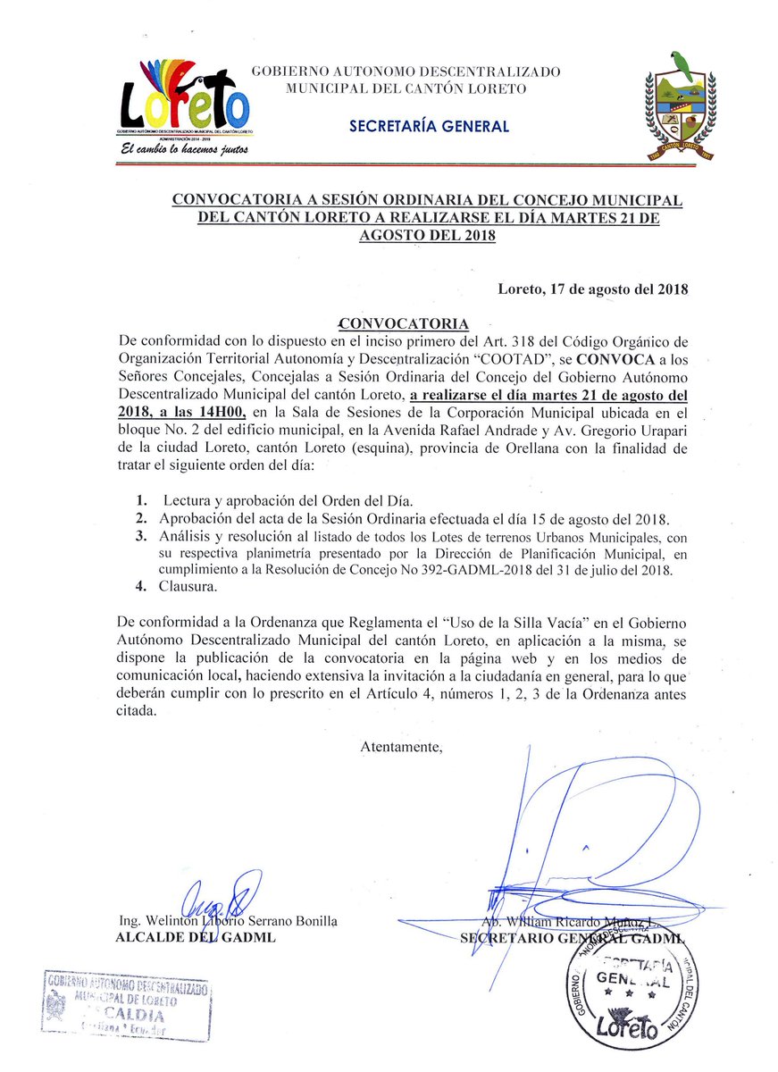 #CONVOCATORIA
 Se realiza la convocatoria a Sesión Ordinaria del Concejo Municipal del  Cantón #Loreto a realizarse el día martes 21 de agosto del 2018.
 Más detalles...