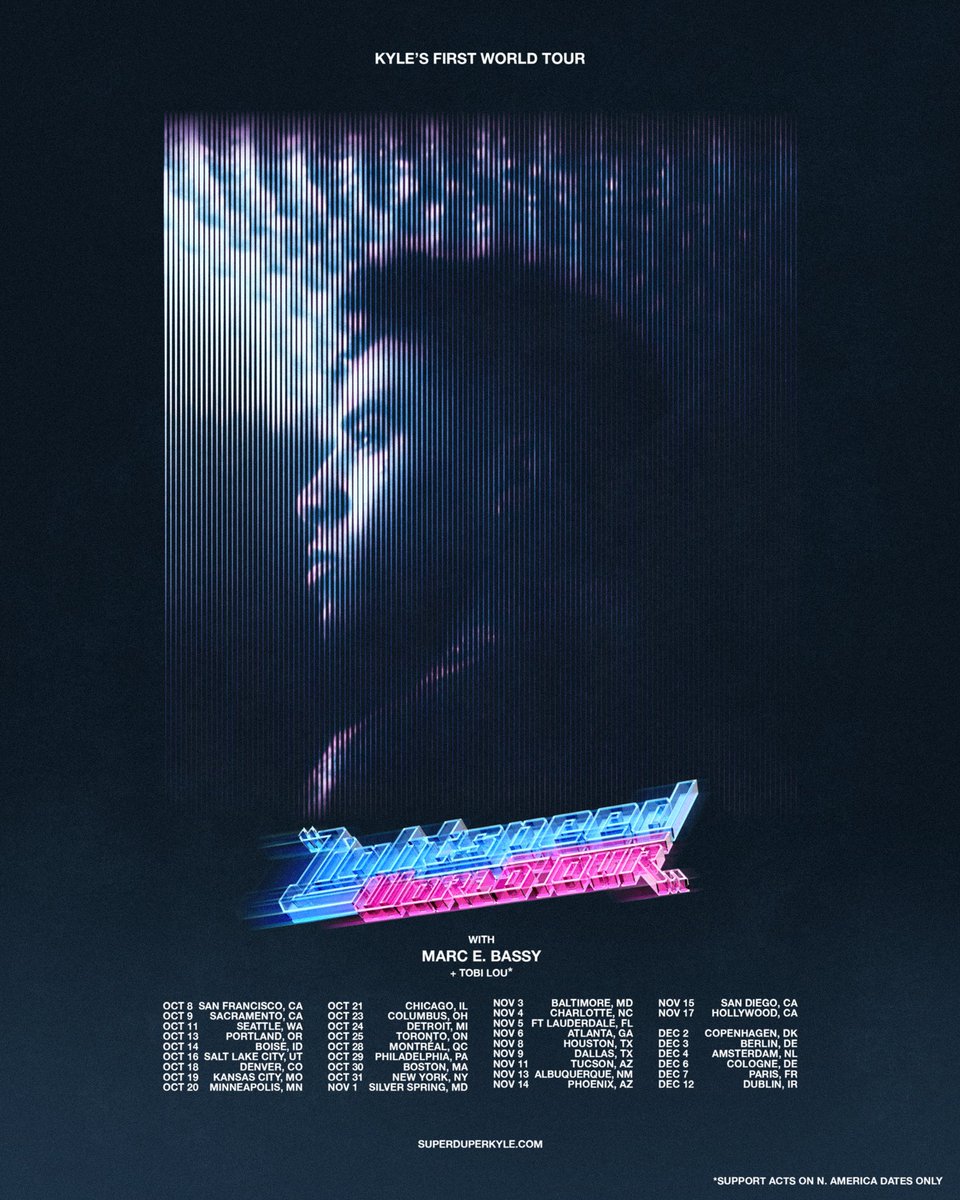 SuperDuperKyle's tweet photo. LIGHT SPEED WORLD TOUR! WITH SPECIAL GUEST’S @MARCEBASSY &amp; @tobilou . PRE SALE AND VIP GO ON SALE TOMORROW 10AM LOCAL TIME AT https://t.co/M9VYQWACqn. ALL TIX ON SALE FRIDAY AT 10 AM! FIND YOUR CITY AND GET YOUR TIX BEFORE THEY SELL OUT! I CANT WAIT TO SEE YALL AGAIN! ❤️U https://t.co/L3lMiMlyGC
