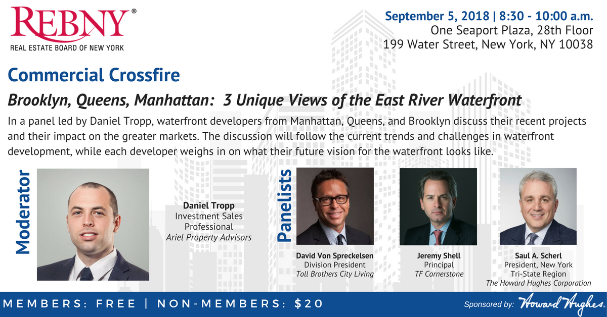 REBNY's tweet image. Join us on September 5th | 8:30 a.m. at the season&apos;s first Commercial Crossfire, &quot;Brooklyn, Queens, Manhattan: 3 Unique Views of the East River Waterfront.&quot; go.rebny.com/ERiver-Waterfr…

#CRE #NYCdevelopment #NewYorkCityRealEstate #NewDevelopment #REBNYCrossfire #Brooklyn #QNS #NYCRE