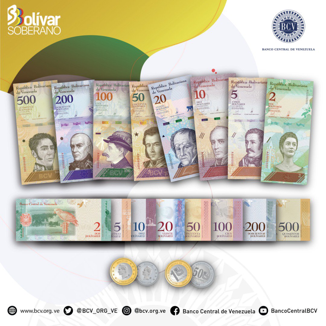 El nuevo cono monetario está conformado por 8 billetes (Bs.S 2, Bs.S 5, Bs.S 10, Bs.S 20, Bs.S 50, Bs.S 100, Bs.S 200 y Bs.S 500) y dos monedas (50 céntimos y Bs.S 1) 🇻🇪 | #BolívarSoberano #20Ago #ReconversiónMonetaria