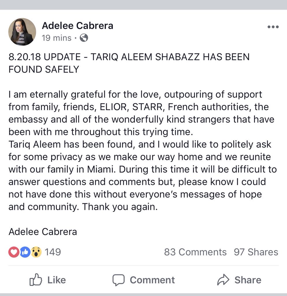 LauraNBC6's tweet photo. South Florida teen missing in #Paris has been FOUND. #findtariq #findaleem https://t.co/k25DXjkxPD