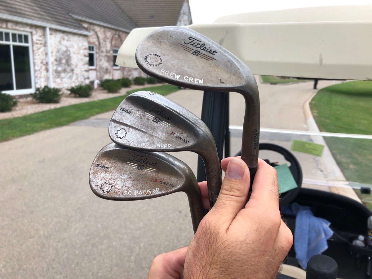 garydamatogolf's tweet photo. Dan Woltman’s well-worn wedges give him away as a Wisconsin sports fan. They are engraved with “Brew Crew,” “Fear the Deer” and “Go Pack Go.“ Woltman shot a first-round 68 in the #WisconsinStateOpen. https://t.co/LmyjpzuWAb