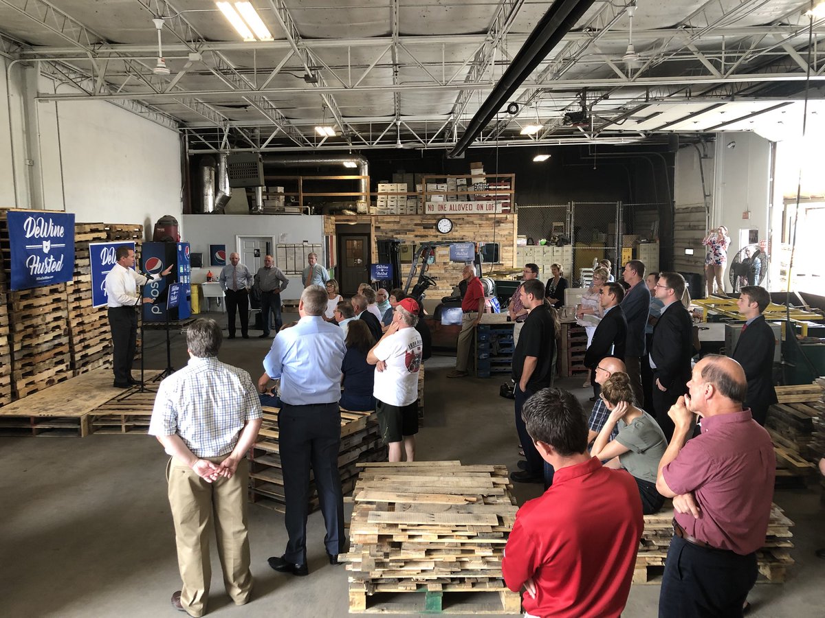 DeWineHustedOH's tweet photo. The Ohio Prosperity Tour arrives in Lima with @JonHusted speaking at Lima Pallet about how he and @MikeDeWine will deliver a winning economic policy for #OhiosFuture! #OHGov https://t.co/CuDiyQA0z7