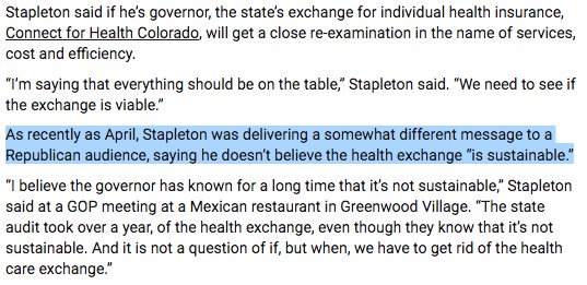 coloradodems's tweet photo. @colo_politics @COindependent Third, Stapleton lies about his stance on ending CO's health exchange, which insured 200,000+ Coloradans last year.

Stapleton in April: "it is not a question of if, but when, we have to get rid of the health care exchange.” #copolitics #cogov

Audio: https://t.co/2zAm42AOQh https://t.co/PP8Iyf0HPm