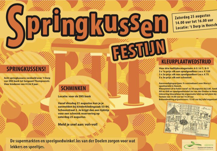 Springkussen Festijn! Aanstaande zaterdag 25 augustus vanaf 14.00 uur in ‘t Dorp. Met schminken en kleurplaatwedstrijd. <a href="/allenuitheesch/">allenuitheesch</a>