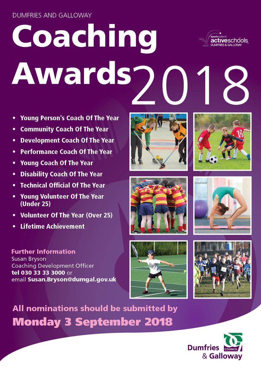 RECOGNITION - Dumfries and Galloway Coaching Awards 2018 are now open for nominations. 

Take advantage of this opportunity to recognise the achievements of coaches, volunteers &amp; officials within your area and sport and celebrate the fantastic work being done across our region