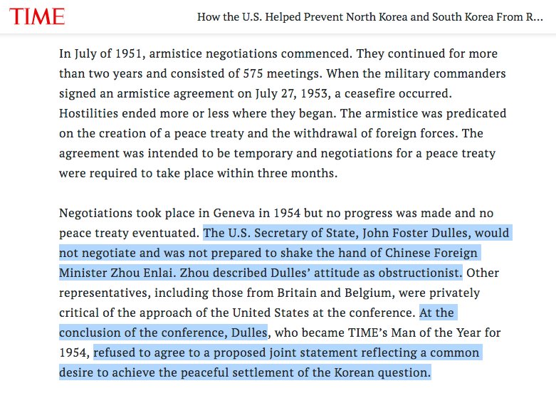 After the US killed 20% of North Korea's population—but still lost the war—it prevented a peace treaty from being negotiated.Then the US blatantly violated the armistice and illegally brought nukes onto South Korean soil.It was the US that prevented peace in Korea for so long