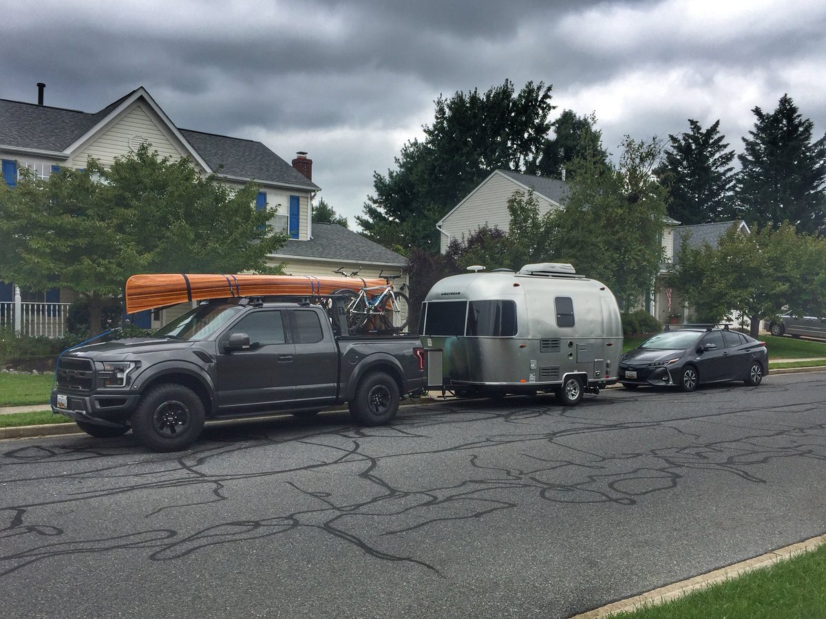 KLatzka's tweet photo. Zeus, Orion, Pleiades, and TippyCanoe all loaded up and on the road to MN ready for new #halflung #hiker adventures
@Ford #Raptor @Airstream_Inc #Airstream @Toyota #Prius https://t.co/Osp3ZgnZkV