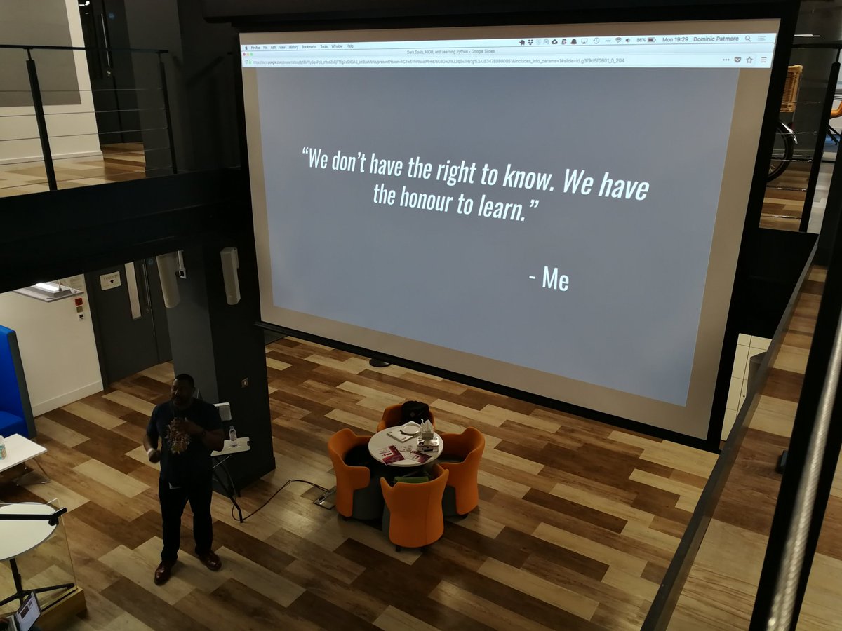 Alin_Trif's tweet photo. @dompatmore 's quote is so inspiring :
"We don't have the right to know. We have the honour to learn." #lwsAug18 @webstandards https://t.co/9jHEwSpfQz