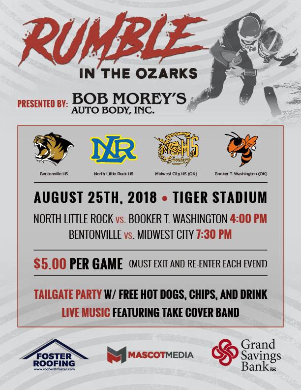 This week's game - Saturday 8/25 at 4:00 pm in Bentonville, Arkansas vs. North Little Rock