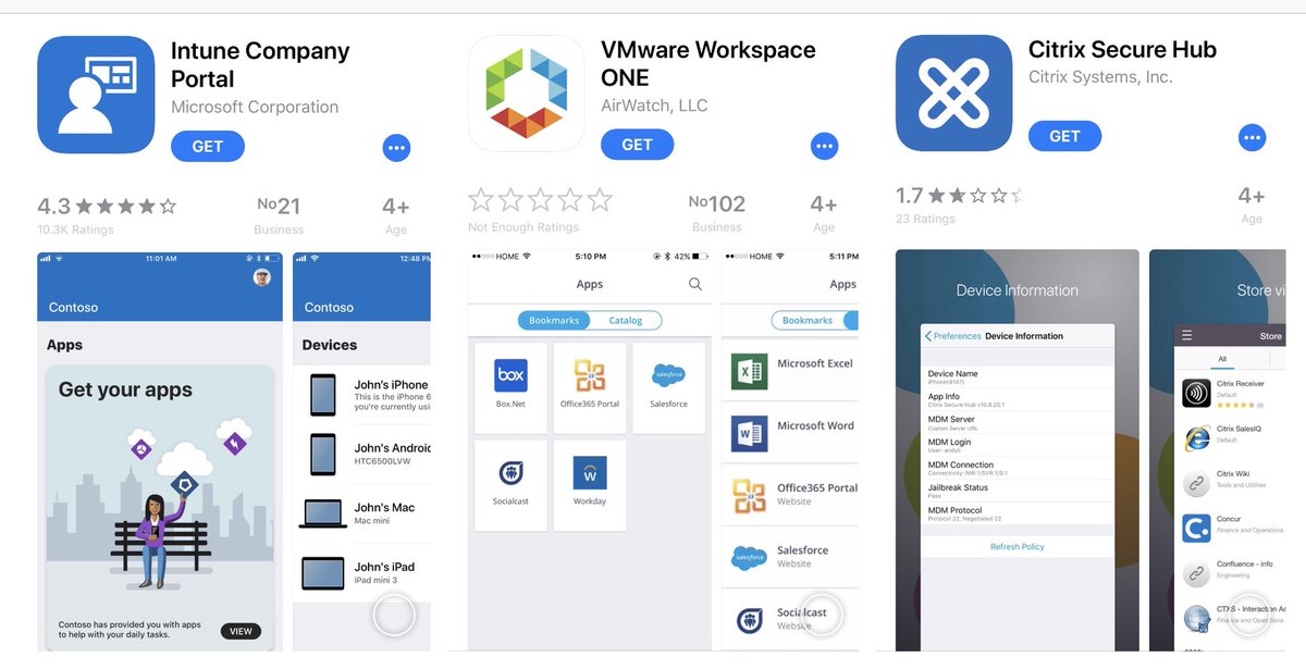 nickmcquire's tweet photo. A quick snapshot of the #AppStore star ratings of the major #UEM & #DigitalWorkspace providers’ apps shows a big gulf in UX at the moment>
#Microsoft #Infune - 4.3 ⭐️
#VMware #WorkspaceOne - not enough ratings
#Ctrix - 1.7 ⭐️
#MobileIron- 2.4 ⭐️
#BlackBerry - 1.6 ⭐️ https://t.co/54mY5EAtll
