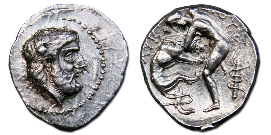 This silver #tetradrachm of the Paeonian king Lykkeios features the story of #Herakles/#Hercules strangling the #NemeanLion, the first of the twelve #LaborsOfHercules. Laureate #Zeus on the obverse. #GreekMythology #AncientGreece #AncientCoins #GreekCoins

bit.ly/2N941iQ