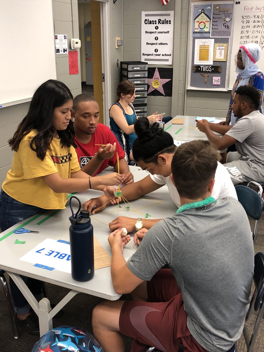 BrettTwiss's tweet photo. Excited to kickoff a new school year #LikeAnEagle. Students collaborated/built community by engaging in the marshmallow challenge. Ss built a freestanding tower with spaghetti, tape, and string that could support a marshmallow on top. #FirstDayBSD2018 #BSDPride https://t.co/Flc8xxkK9P