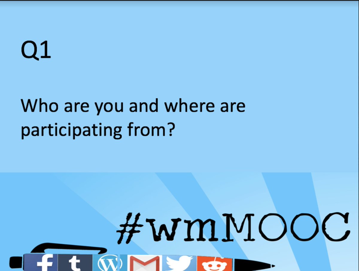 wmMOOC's tweet photo. And we're off! Here's Q1. Please use A1 and #wmMOOC in your response. https://t.co/MV1vkM2b3x