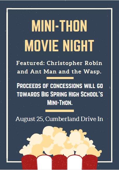 StucoBSHS's tweet photo. Kick start off the school year right by joining Stuco for a fun night at the Cumberland Drive In to raise money for this years Mini-Thon! #FTK #BSHSMiniThon19 🍿🍫📽️ https://t.co/70NI0qRELM