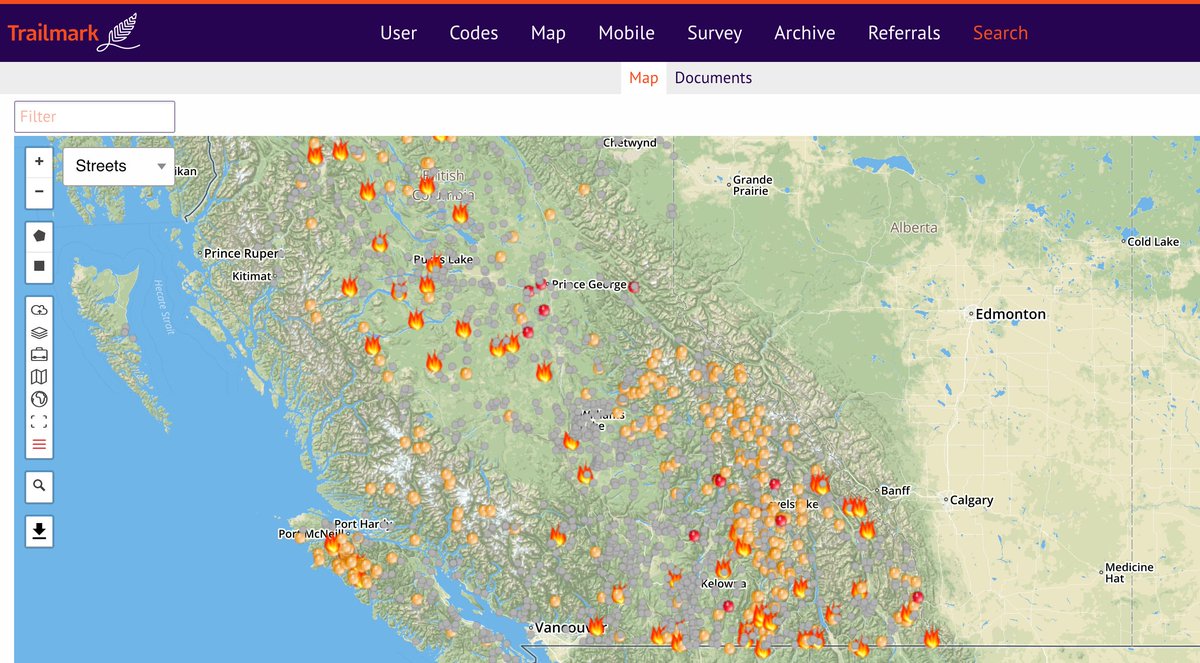 trailmarksys's tweet image. Hey BC Trailmark community partners: you can add the province of BC's active fires data into your map layers page as a WMS file. You can then view it against your entire digital archive. Stay safe everyone! #indigenousmapping