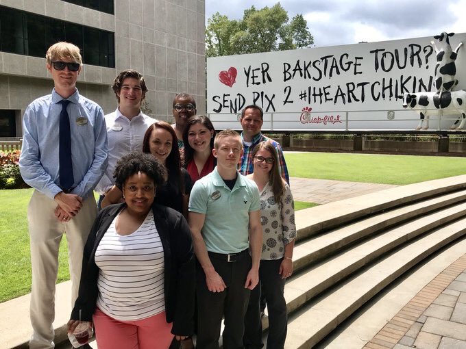 Chickfila_EL's tweet photo. Today, our leadership was taken on the Deluxe Backstage Tour of Corporate! We began our day with Devotion led by CEO, Dan T. Cathy, toured all around the Support Center, and even ran into Truett’s grandson, Mark Cathy, who made one of our team members a new name tag! #CfaTours https://t.co/6dsyHVFOAK