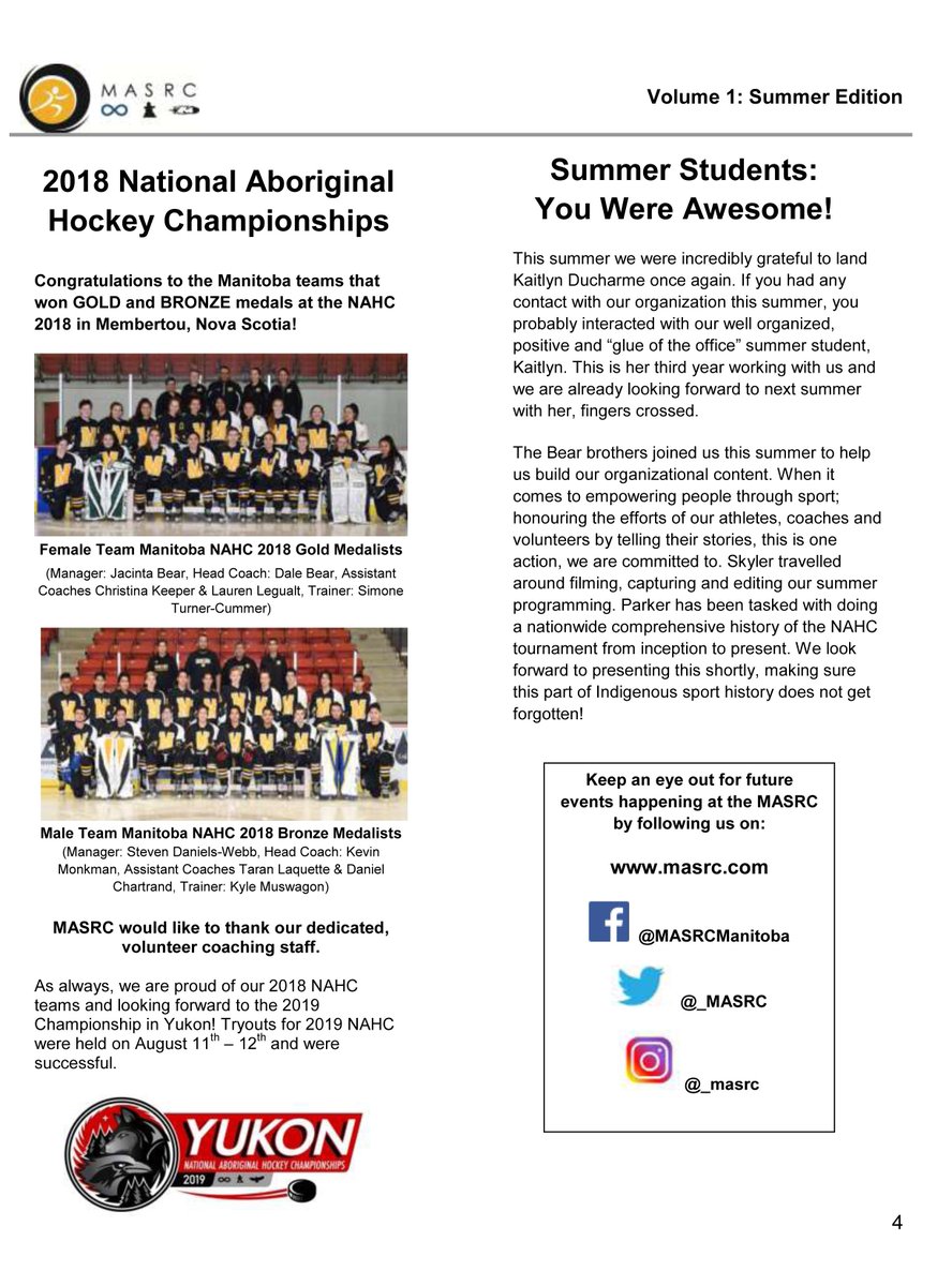 _MASRC's tweet photo. MASRC Summer edition newsletter is now available please share with your contacts! #SportsMatterMonday #MASRC #NAIG2020 #Manitoba #Indigenous #Youth #NAHC #Metis
https://t.co/C0aNTnVN9s https://t.co/k5oqtY9MSr