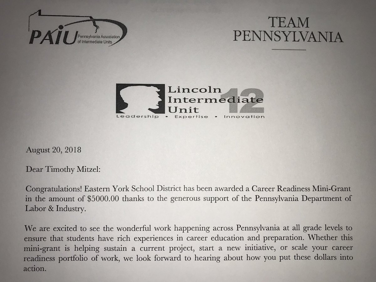 EYHS has been named a winner of the PA Career Readiness Mini Grant! This is a joint effort with our Bobcat neighbors at Northeastern HS. Can’t wait to get it going! #EYKnightPride #BobcatPride #EducationalCollaboration
