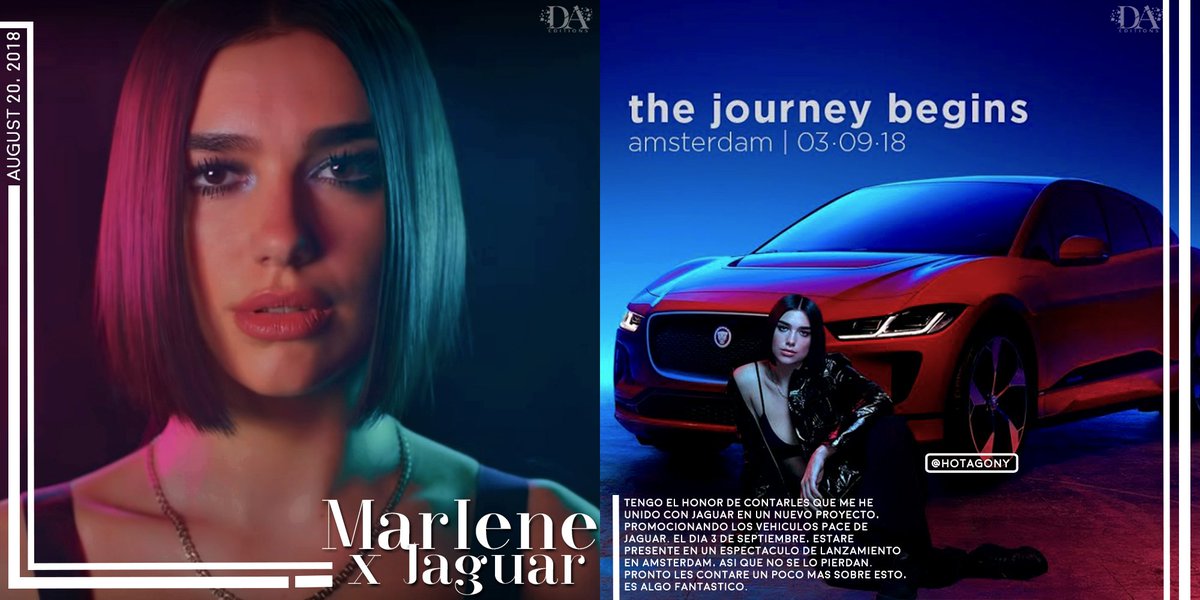 🚗┊MARLENE X JAGUAR.

El proyecto pone en marcha un programa para promocionar los vehículos PACE de Jaguar. Para la colaboración, haré un concierto exclusivo el 3 de Septiembre en Amsterdam ¡No falten! Sera fantástico.