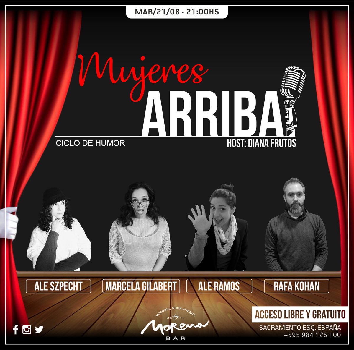 MorenaBar_Py's tweet photo. Este Martes 21/08 vuelve el humor de Mujeres Arriba en la mejor esquina de Asunción.

Reservas al: 0984 125 100 https://t.co/9bWhz4dtek