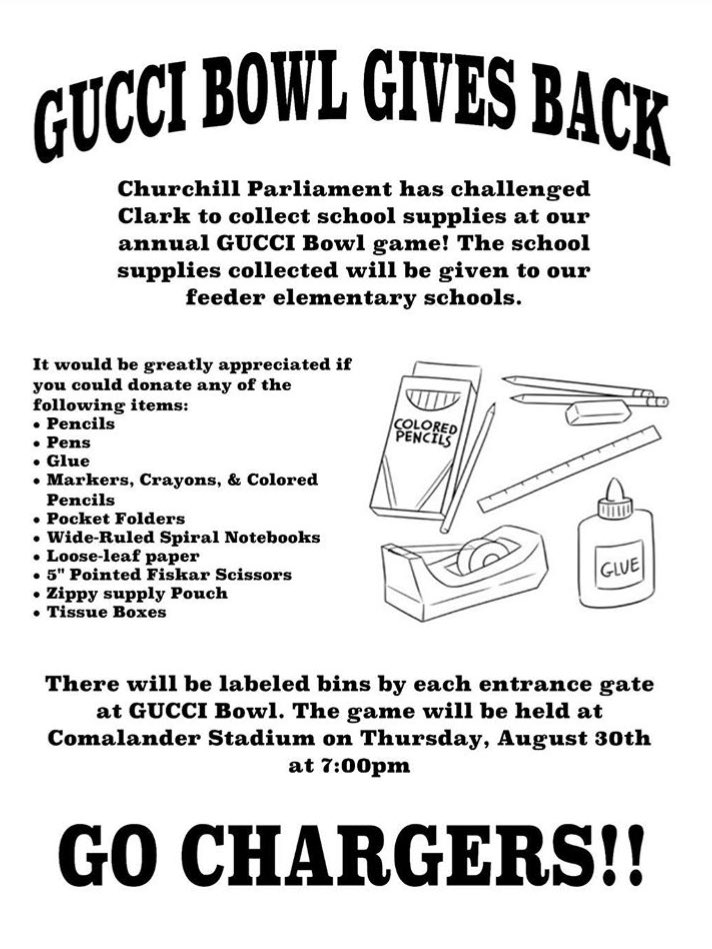 parliamentWC's tweet photo. Chargers it's time to give back!! Please participate in this friendly competition with Clark and bring new school supplies to Gucci Bowl August 30TH!!! 🚾❤️ https://t.co/0hM0cqzz4s