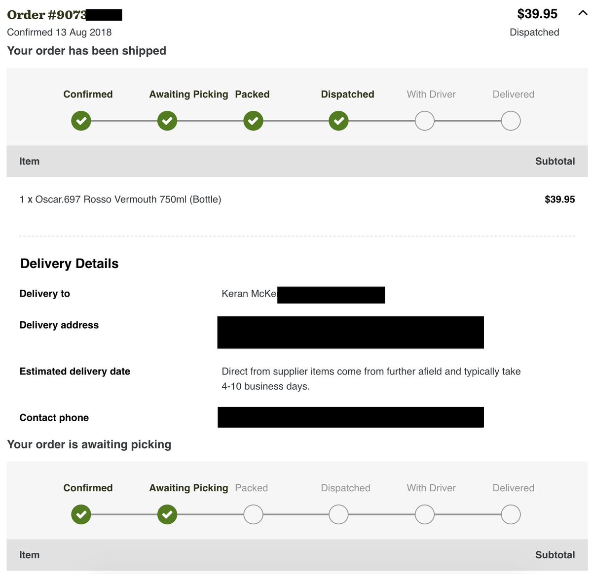 keranm's tweet photo. Hey @danmurphys - I'm a tad confused, is my order awaiting picking or has it been dispatched? #confusingUI https://t.co/JkEByF2udm