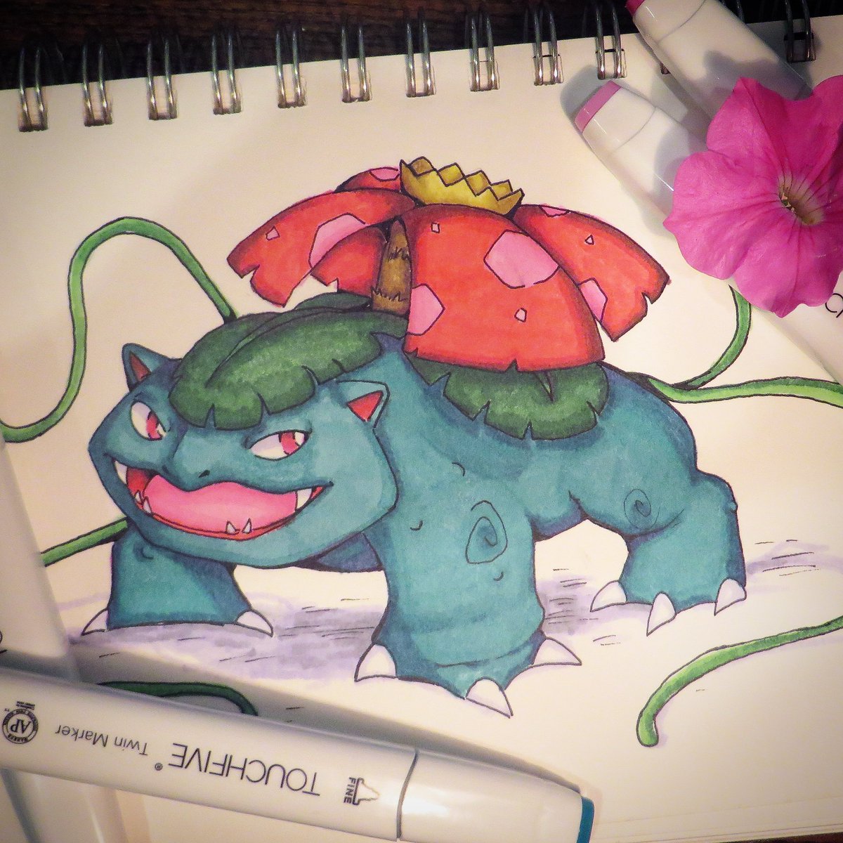Thank you <a href="/peachyist/">Peachy ★</a> for the amazing new markers! I love them so much 😊❤❤ #Venusaur #Pokémon #fanart #art #traditionalart #markers #sketchbook