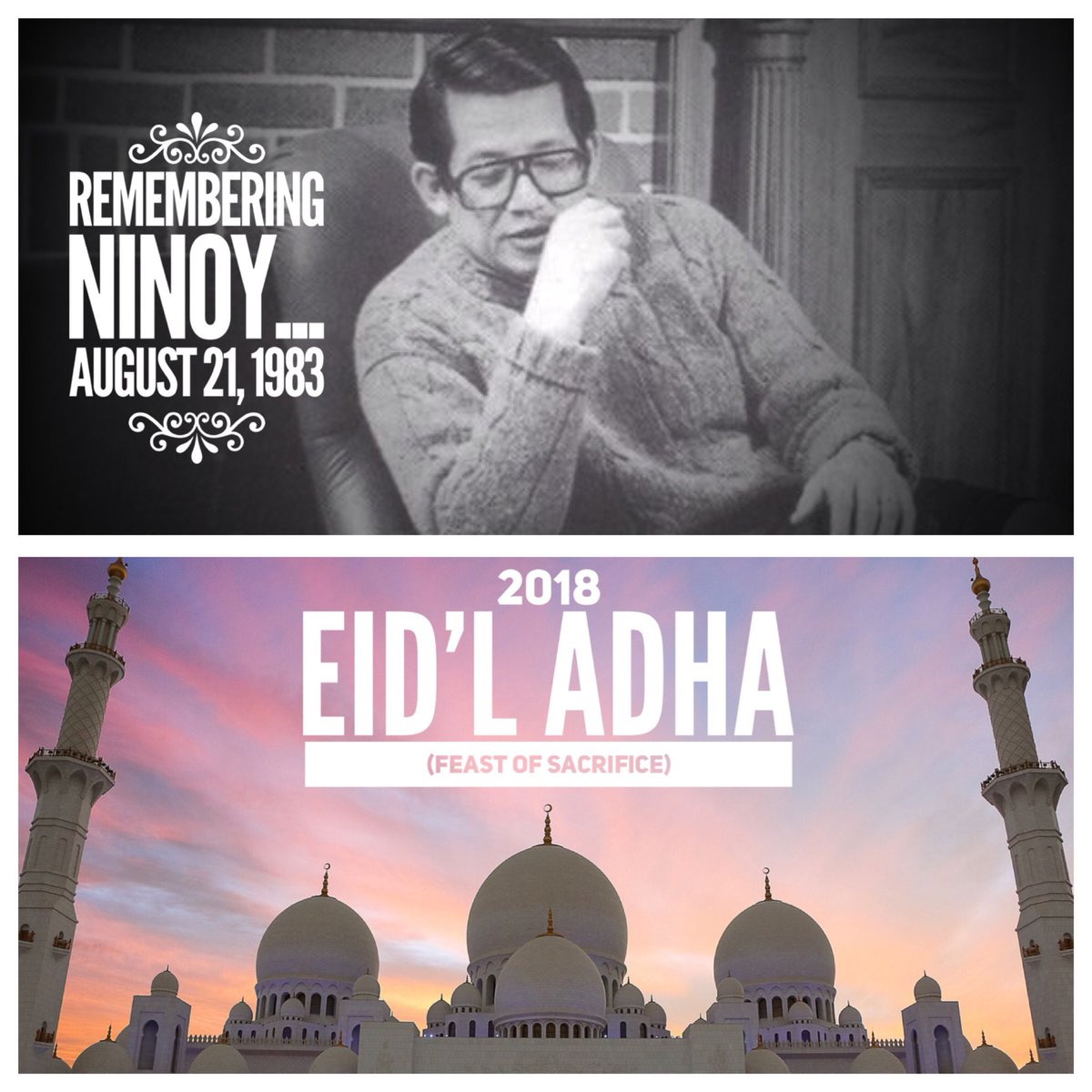 MauricioDomogan's tweet photo. Today, we remember the sacrifices of former Senator Ninoy Aquino not only during his homecoming on that fateful day of August 21, 1983 but his battles in his journey to fight for Democracy. 

At the same time, we join our Muslim brothers and sisters as they celebrate Eid’l Adha. https://t.co/4qFWXLMnXe