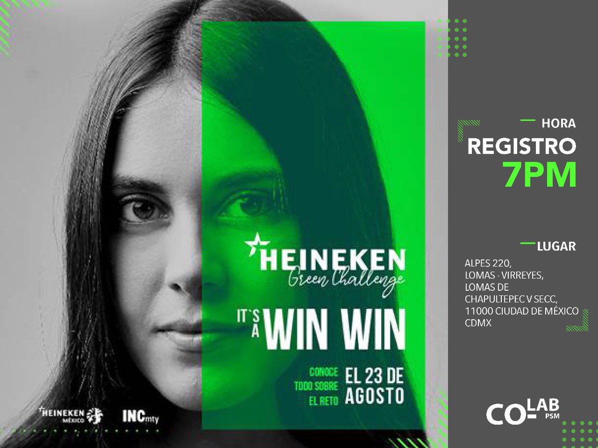 Kick off  Heineken Green Challenge a realizarse este jueves 23 de agosto en COLAB PSM,
#HeinekenGreenChallenge  ¿Cuál es el reto?  ¡Reducir el dióxido de carbono (CO2) de la atmósfera! Buscamos equipos que brinden las propuestas más ingeniosas, originales <a href="/IEEGL/">IEEGL</a> <a href="/INCmty/">incMTY</a>