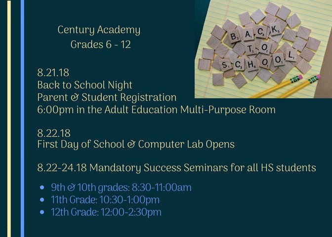 Century_Academy's tweet photo. Looking forward to registering both new and returning #Waves tomorrow @Century_Academy #BacktoSchool2018 Night.  Offering #alternativeeducation to #VenturaCo AP - Standard online &amp; on-ground classes and a flexible schedule to boot!🥳 #TheConejoWay #NCAA #WASC https://t.co/c7kbHWGFMU