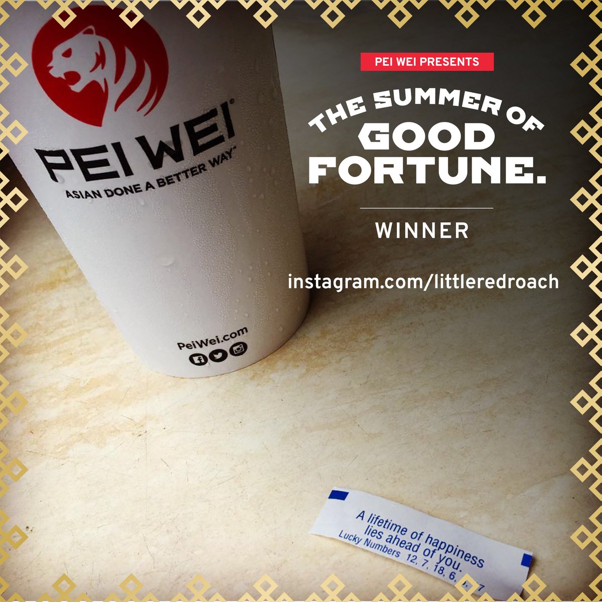 PeiWei's tweet photo. Congrats to last weekend's #GoodFortuneContest winners @ChapmanGretchen and Instagram users littleredroach and melodynewell! DM us to claim your prize. https://t.co/mQskTGgePN