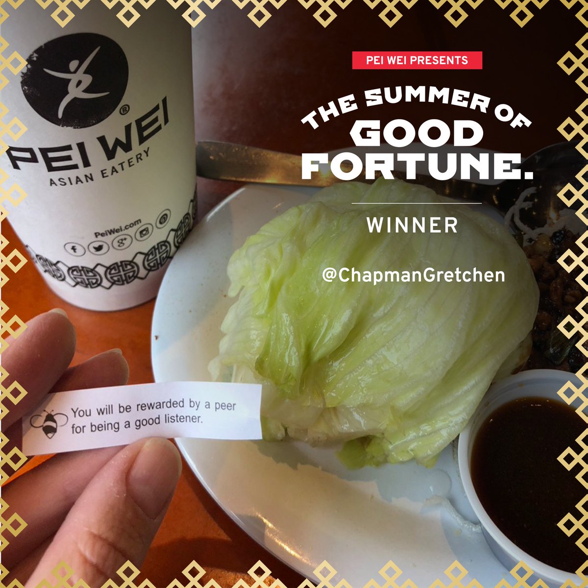 PeiWei's tweet photo. Congrats to last weekend's #GoodFortuneContest winners @ChapmanGretchen and Instagram users littleredroach and melodynewell! DM us to claim your prize. https://t.co/mQskTGgePN