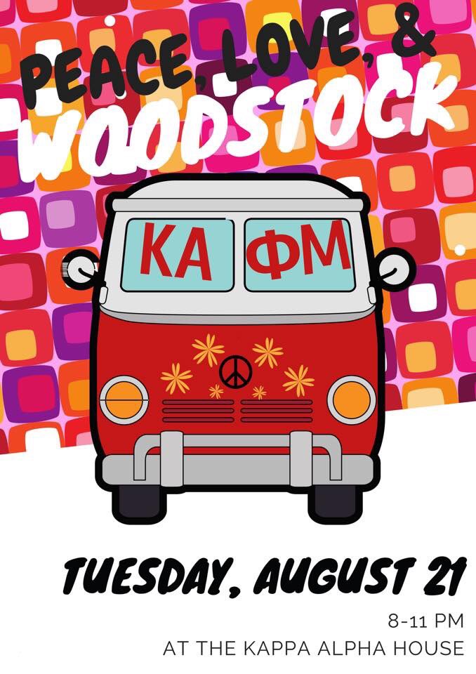 GCPhiMu's tweet photo. Raid your parents closets and get ready for Phi Mu and KA’s welcome back party tomorrow night! The theme is Woodstock https://t.co/m9VkgputiQ
