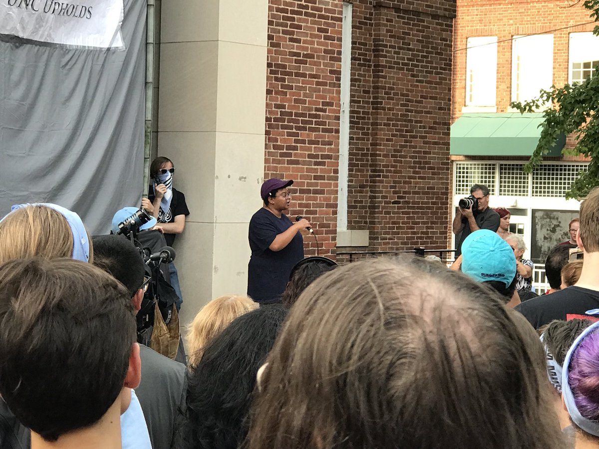 workersunionunc's tweet photo. We stand with our sister #MayaLittle in the fight against white supremacy at UNC #SilenceSam #NotOneLeftStanding #rememberjamescates https://t.co/5OB7YzBIar