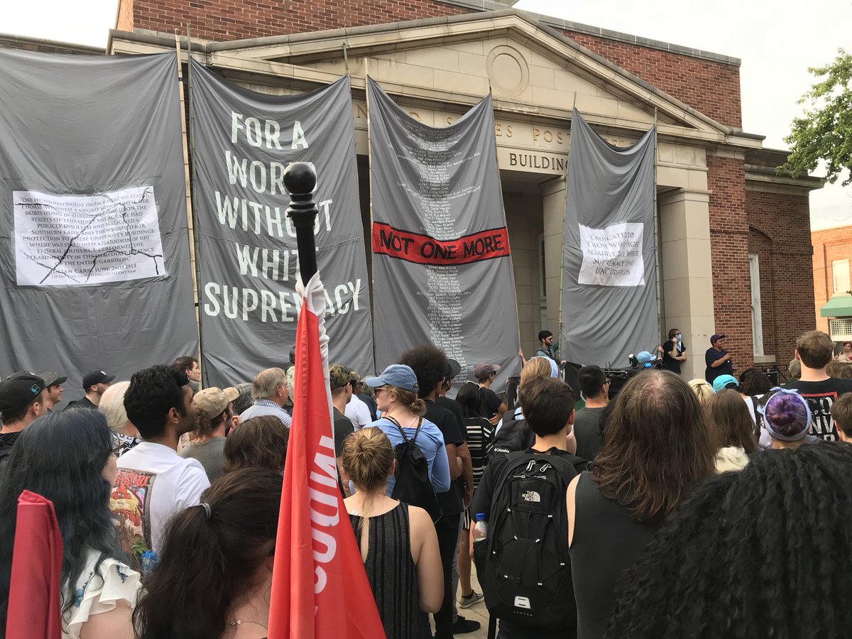 workersunionunc's tweet photo. We stand with our sister #MayaLittle in the fight against white supremacy at UNC #SilenceSam #NotOneLeftStanding #rememberjamescates https://t.co/5OB7YzBIar