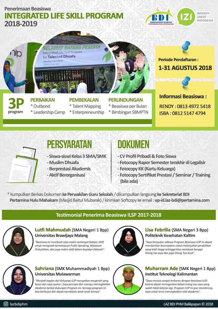 Ikuti seleksi penerimaan beasiswa Integrated Life Skill Program, dari LAZ BDI @PNAHuluMahakam. cc: <a href="/IklanBalikpapan/">IG @portalbalikpapan</a> <a href="/KotaBalikpapan/">BALIKPAPAN</a> <a href="/pertamina/">PERTAMINA</a>