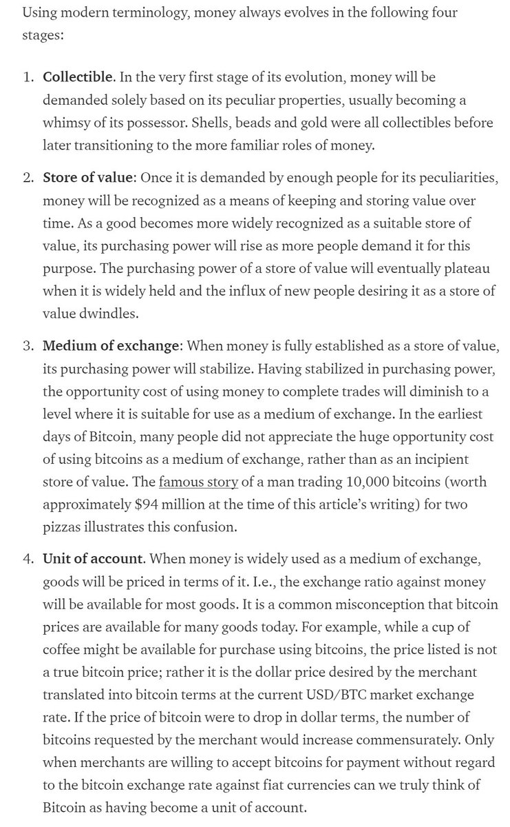 2/ The fundamental flaw in Ver and Jihan Wu's economic vision is that they assume that money is first and primarily a medium of exchange. They do not understand that all market based monies must evolve through a store of value phase first, before they can be suitable as a MoE.