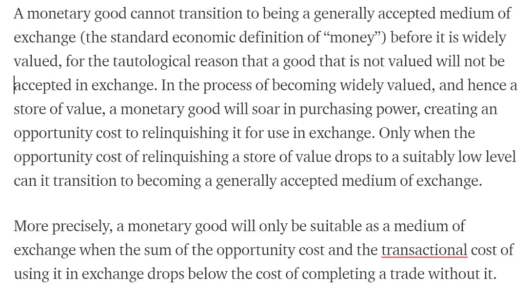 3/ If a fixed-supply monetary good is widely adopted as a MoE its purchasing power per unit will be massively higher than when it is first created (and when no one is using it).