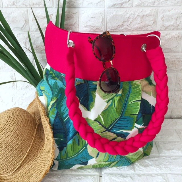 Excited to share the latest addition to my #etsy shop: large tote beach bag in palm leaves with hot pink etsy.me/2PpKMTO #bagsandpurses #green #pink #beachbag #totebag #carryallbag #overnightbag #bohostylebag #braidedhandlebag