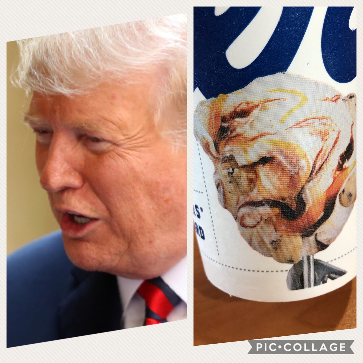 NOT a Political Post:

My son could not help but notice a resemblance between <a href="/realDonaldTrump/">Donald J. Trump</a> and the ice cream on <a href="/culvers/">Culver's Restaurants</a> cups.