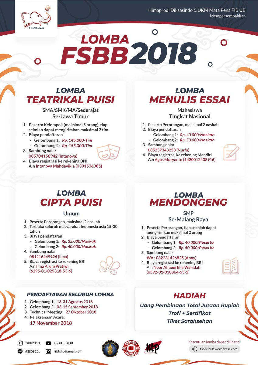 Halo sahabat! Festival Sastra Bulan Bahasa kali ini hadir kembali di tahun 2018 dengan berbagai macam lomba. Mari daftarkan diri kalian untuk ikut memeriahkan lomba FSBB 2018. Suarakan aspirasi karya, Bersama untuk Indonesia!!