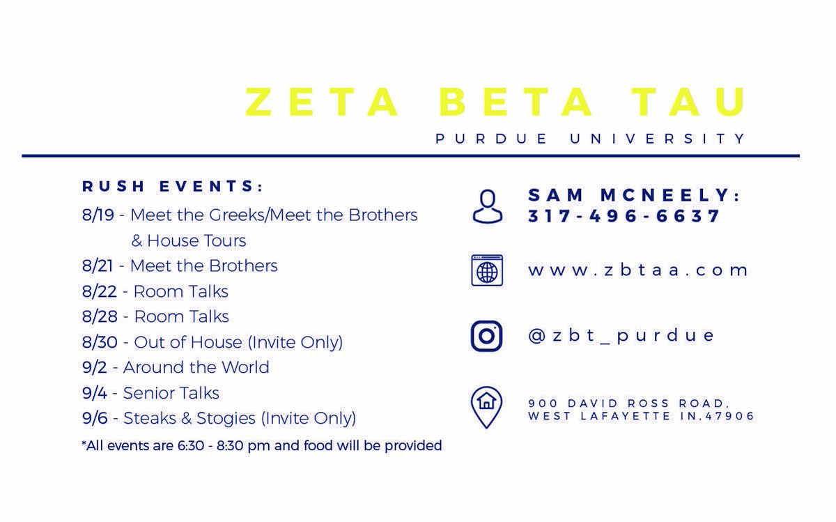 ZBTPurdueAA's tweet photo. It’s that time of year again! Here’s a schedule of our upcoming rush events over the next few weeks. Come hungry, as food will be provided! https://t.co/EuMhiCT9zy