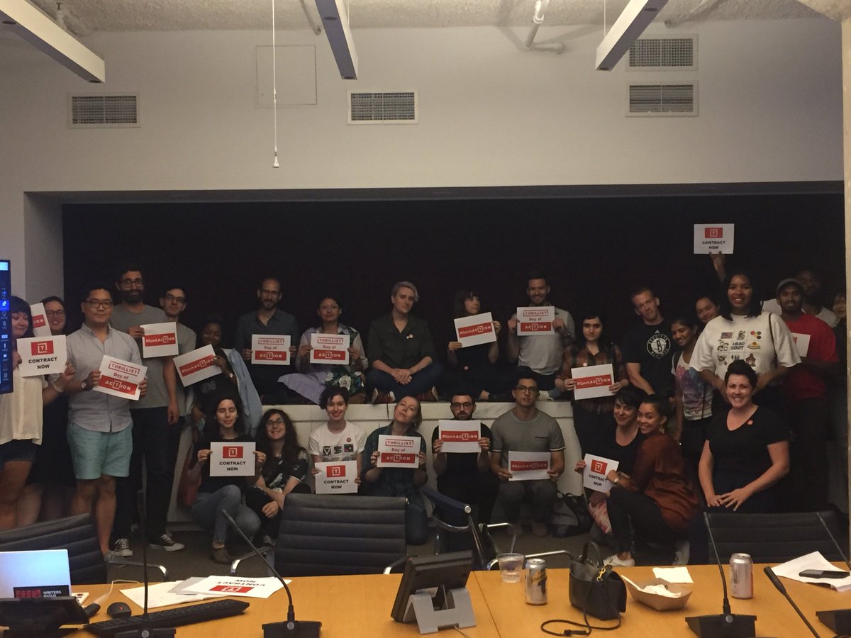 the gmg union took a break from our all-hands (and our tacos) to stand in solidarity with @thrillistunion as they continue to fight for a contract #ContractNOW #SparkACTION #1u