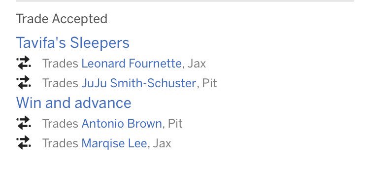 TavifaFFL's tweet photo. Couple of preseason trades to start off the seas, rookie @bunruh_06 (Golden Tate Warriors) and vet @MitchSpilles (Win and Advance) have the league buzzing with multiple moves each #🐝 https://t.co/BngpO1d4Xl