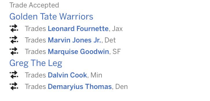 TavifaFFL's tweet photo. Couple of preseason trades to start off the seas, rookie @bunruh_06 (Golden Tate Warriors) and vet @MitchSpilles (Win and Advance) have the league buzzing with multiple moves each #🐝 https://t.co/BngpO1d4Xl