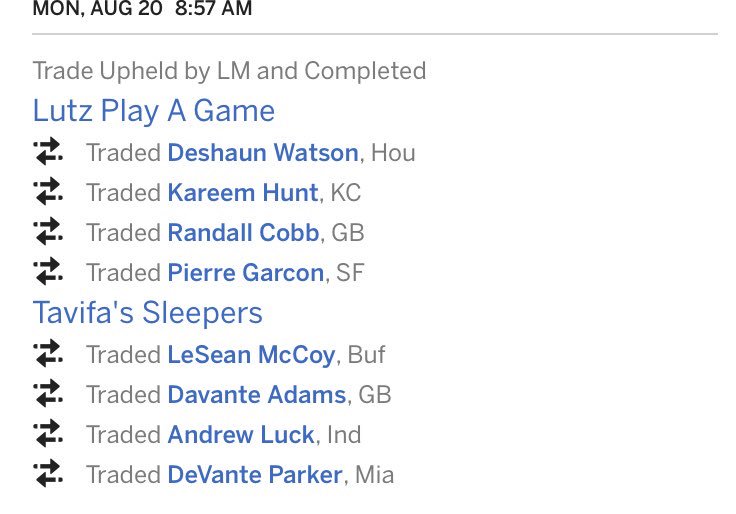 TavifaFFL's tweet photo. Couple of preseason trades to start off the seas, rookie @bunruh_06 (Golden Tate Warriors) and vet @MitchSpilles (Win and Advance) have the league buzzing with multiple moves each #🐝 https://t.co/BngpO1d4Xl