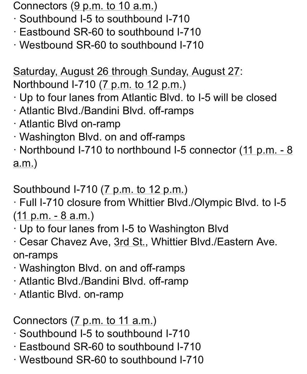 abc7anabel's tweet photo. #FREEWAYCLOSURES:
Closures that begin tonight through 8/20: NB I-710 (7p-6a)
·Up to four lanes from Atlantic Blvd. to I-5
·Atlantic Blvd./Bandini Blvd. off-ramp
·Atlantic Blvd. on-ramp
·Washington Blvd. on and off-ramps
·Northbound I-710 to NB I-5 connector (details below)@ABC7 https://t.co/06fFu93A3V